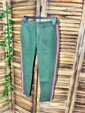 POPSUGAR Olive Green Cropped Pants with White & Red Side Stripes